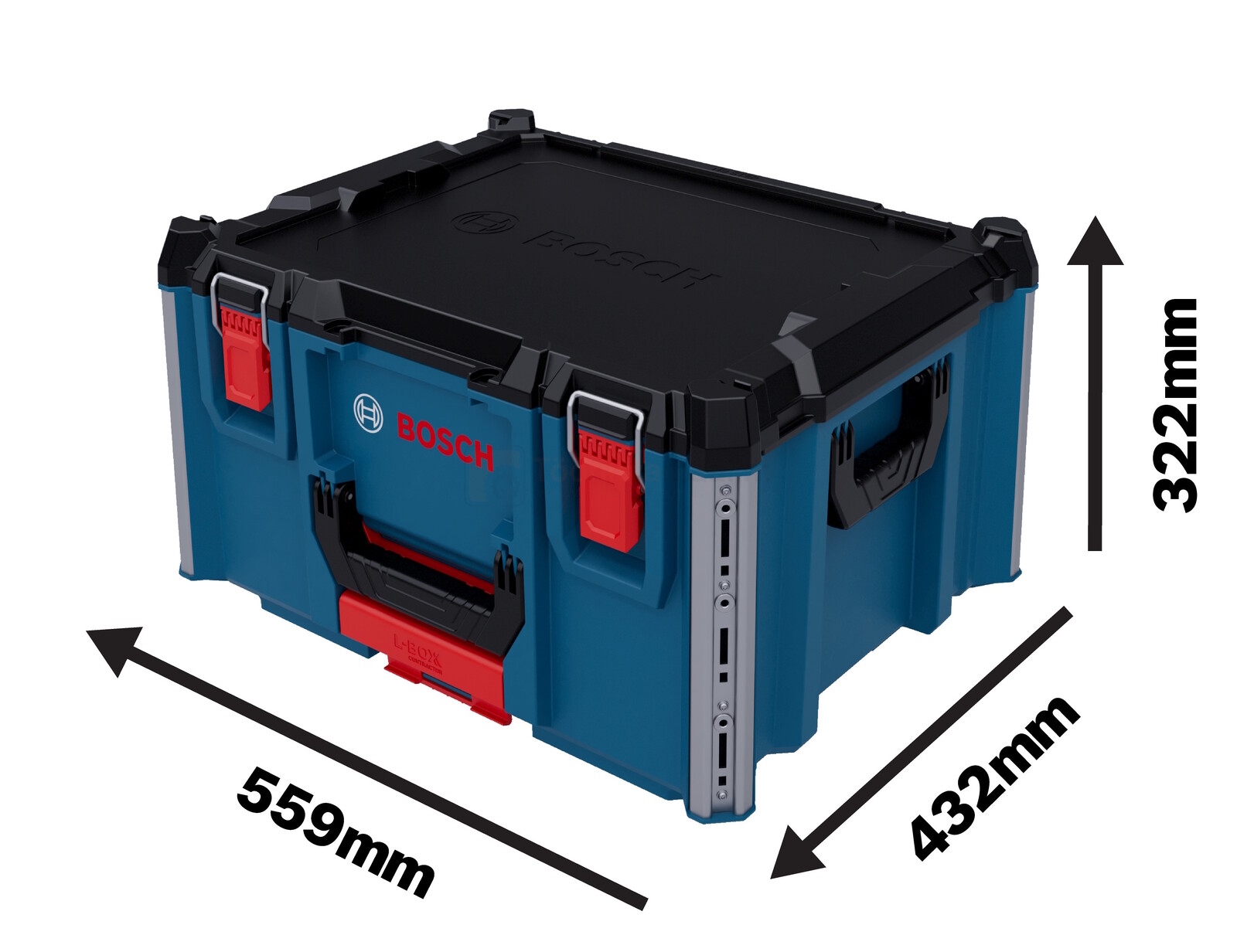 Pildil on Bosch tööriistakohver L-BOXX Contractor, mille mõõtmed on 432 x 559 x 322 mm.